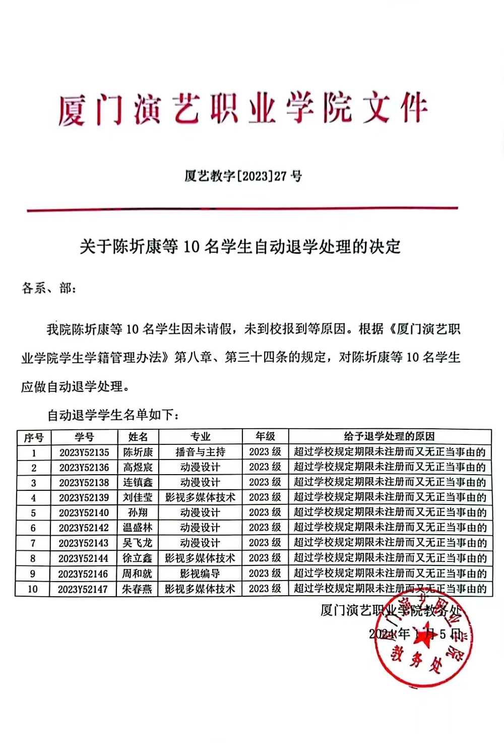 10个自动退学处理决定